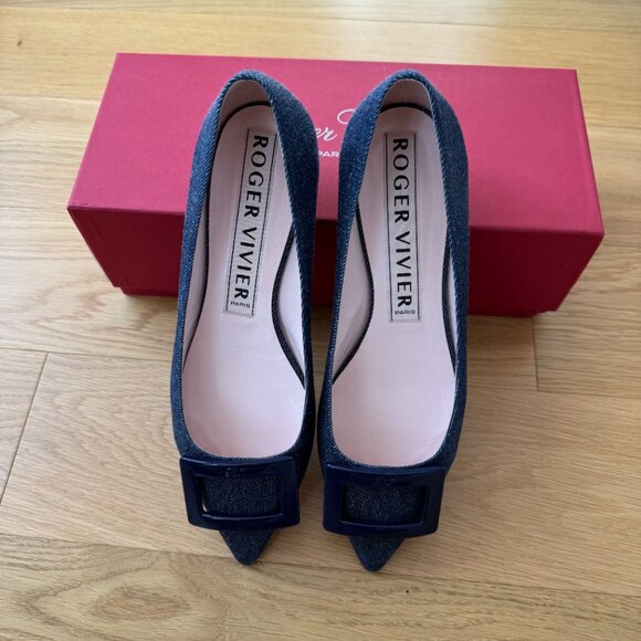 LIMITED EDITION Roger Vivier Gommettine Leather-Trimmed Denim Flats 38.5 - Picture 9 of 11